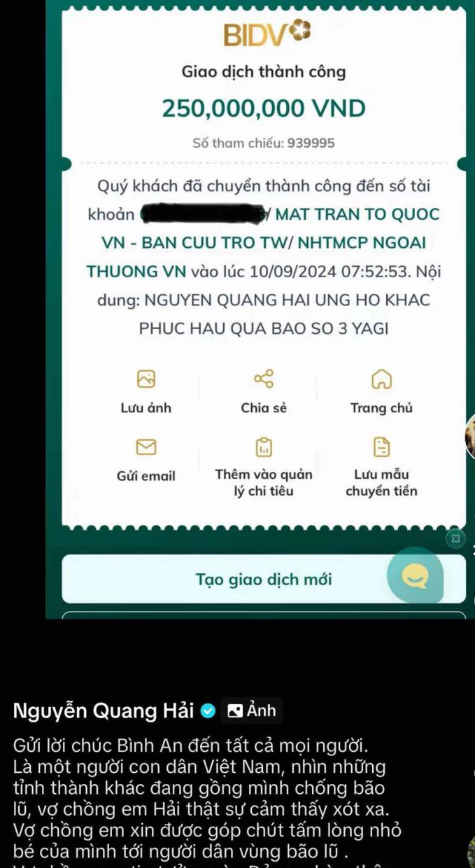 Vợ chồng Quang Hải có hành động ấm lòng giúp người dân vùng lũ lụt 1